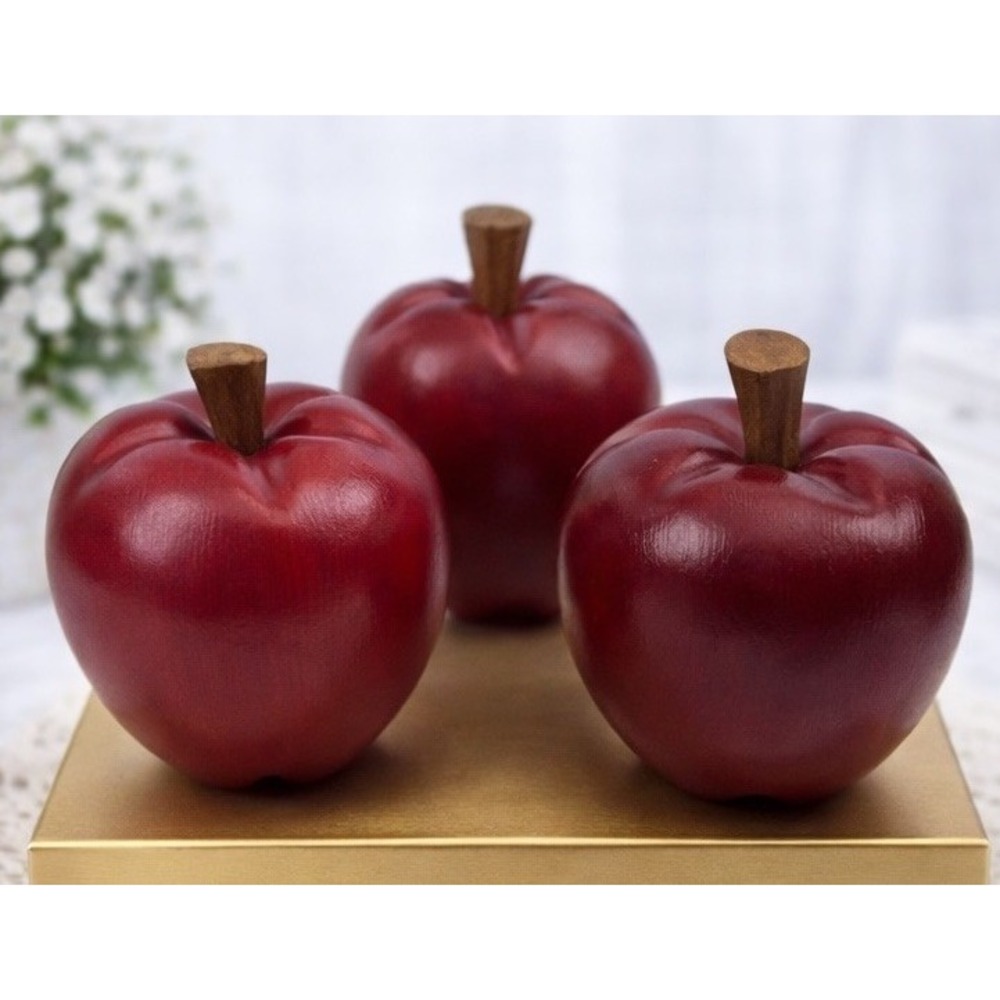 3 Faux Fruit Wood Wooden Red Apples Stems Realistic Farmhouse Decor Heavy - Picture 3 of 13